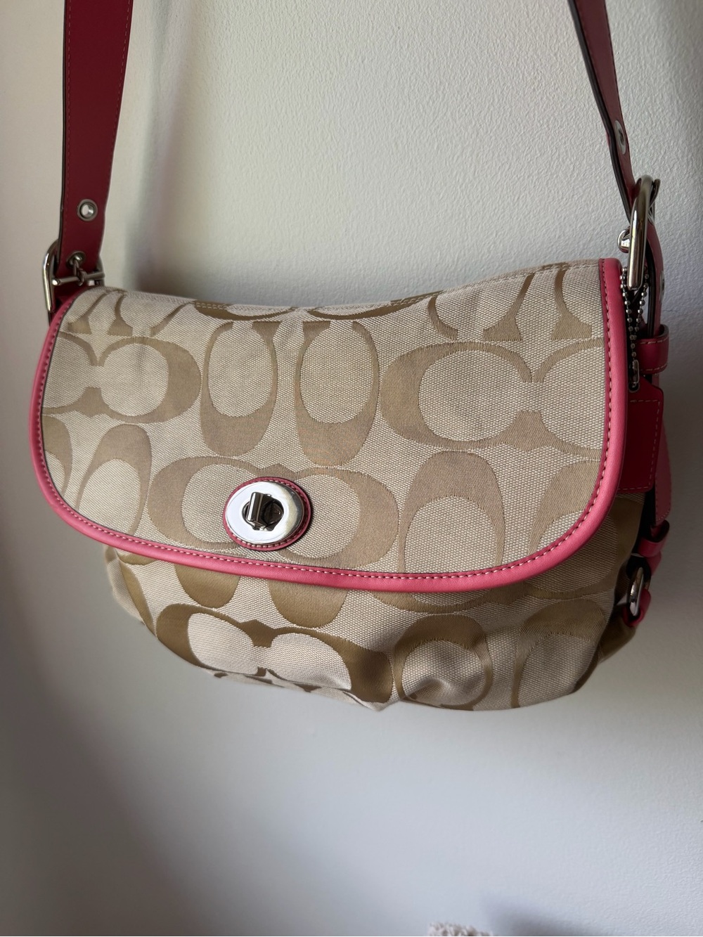 Coach Beige Signature Canvas Shoulder Bag with Pink Trim